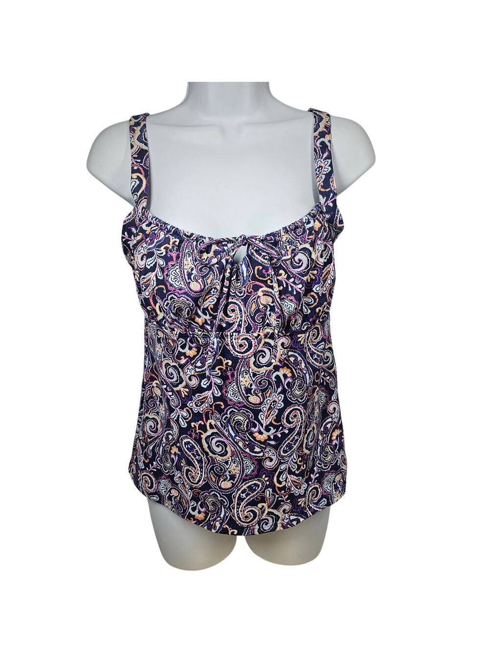 Lands' End Tie Front Underwire Tankini Top Deep Sea Navy Retro Paisley Size 6D